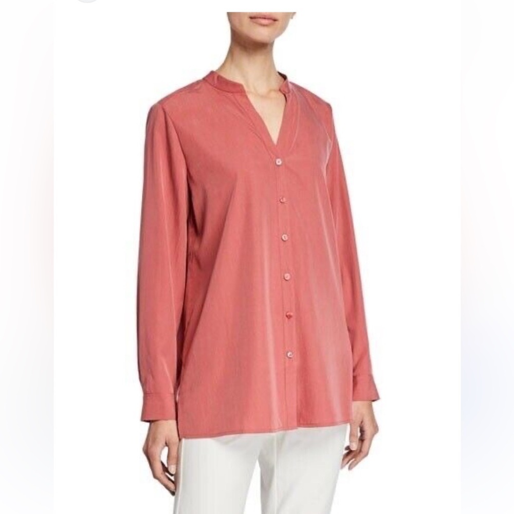 Eileen Fisher sandwashed Pink Button Down Shirt stand up collar chutney